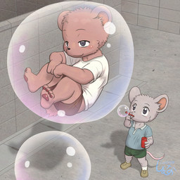 anthro barefoot blowing_bubbles bottomwear clothing duo feet footwear fur grey_body grey_fur half-closed_eyes happy inside_bubble male narrowed_eyes outside pawpads pink_body pink_fur serious shirt shorts sitting socks street tail topwear young young_anthro young_male shomunona mammal mouse murid murine rodent 1:1 2026 japanese_description