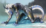 anthro black_horn black_sclera blue_body blue_scales bulge clothing hair horn looking_at_viewer male scales skinsuit solo tail tight_clothing water wet white_body white_hair white_scales frank-79 mythology ausen dragon fish hybrid marine mythological_creature mythological_scalie scalie shark hi_res