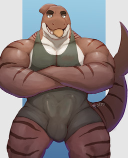 2_penises animal_genitalia animal_penis anthro balls bulge crossed_arms detailed_bulge genital_outline genitals hemipenes male multi_genitalia multi_penis penis penis_outline solo standing tongue tongue_out wrestling_singlet astrodae fish marine shark hi_res