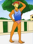 anthro barefoot blue_clothing blue_shirt blue_topwear bulge clothed clothing feet hat headgear headwear male pattern_clothing shirt solo speedo striped_clothing striped_speedo stripes sun_hat swimwear tank_top topwear fuze texnatsu johnny_(texnatsu) avian bird chicken galliform gallus_(genus) phasianid 3:4 hi_res