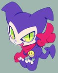 2017 ambiguous_gender bandai_namco chibi claws clothing demon digimon digimon_(species) extyrannomon_(artist) fangs gloves green_eyes handwear imp impmon pupils purple_body purple_nose semi-anthro slit_pupils smiley_face solo teeth toe_claws tongue tongue_out white_body