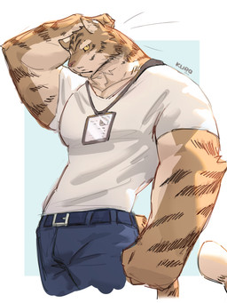 anthro belt_buckle big_muscles biped blue_background blue_bottomwear blue_clothing blue_pants bottomwear buckle clothed clothed_anthro clothed_male clothing countershade_arms countershade_face countershade_fur countershade_neck countershade_torso countershading eyebrows facial_markings fist front_view fully_clothed fully_clothed_anthro fully_clothed_male fur furrowed_eyebrows hand_behind_own_head head_markings huge_muscles inner_ear_fluff looking_at_viewer male markings monotone_bottomwear monotone_clothing monotone_pants monotone_shirt monotone_topwear mouth_closed multicolored_body multicolored_fur muscular muscular_male name_tag pants shirt simple_background snout solo striped_arms striped_face striped_markings striped_tail stripes tail tail_markings tan_body tan_countershading tan_eyebrows tan_inner_ear tan_inner_ear_fluff text topwear tuft two_tone_body two_tone_fur white_background white_clothing white_shirt white_topwear yellow_sclera kuromonsart felid mammal pantherine tiger 2024 3:4 absurd_res artist_name colored dated digital_drawing_(artwork) digital_media_(artwork) english_text hi_res portrait three-quarter_portrait