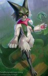 anthro breast_curtains breasts female forest forest_background high-angle_view medium_breasts nature nature_background plant solo text tree izneg nintendo pokemon generation_9_pokemon meowscarada pokemon_(species) absurd_res hi_res url