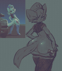 anthro big_butt blush bottomless bottomless_anthro bottomless_male butt clothed clothing femboy gun hand_on_hip hat headgear headwear legwear long_socks looking_at_viewer male mischievous_smile ranged_weapon solo thick_thighs thigh_highs weapon userpagani boy_kisser_(meme) officer_boykisser_(junoandmaxx) silly_cat_(mauzymice) domestic_cat felid feline felis mammal 2025 digital_drawing_(artwork) digital_media_(artwork) meme monochrome reference_image sketch
