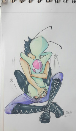 anal anal_penetration antennae_(anatomy) backpack black_hair boots bottomwear butt butt_grab clothed clothing cowgirl_position duo erection footwear from_front_position genitals green_body green_skin hair hand_on_butt hug interspecies male male/male male_on_bottom male_on_top male_penetrated male_penetrating male_penetrating_male mostly_nude on_bottom on_top pak pants penetration penis sex shoes simple_background topless white_background space-tanuki invader_zim nickelodeon dib_membrane zim_(invader_zim) alien alien_humanoid human humanoid irken mammal 2016 hi_res signature traditional_media_(artwork)
