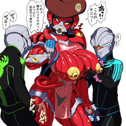 anthro beret big_breasts blush bodily_fluids breast_grab breasts clothing dialogue erection exposed_breasts female genitals group hand_on_breast handjob hat headgear headwear huge_breasts humanoid_genitalia humanoid_penis interrobang male masturbation nipples penile penis pseudo_hair sex simple_background speech_bubble sweat sweatdrop tentacle_hair tentacles text white_background yellow_eyes horihiraki super_sentai uchu_sentai_kyuranger madakko alien aquatic cephalopod coleoid mollusk octopodiform 1:1 censored japanese_text translated