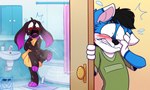 ambiguous_gender anthro bathroom black_hair blue_body blue_fur blush brown_body brown_fur brown_hair clothing covering covering_self duo embarrassed fangs femboy fur hair hiding hiding_behind_door hiding_behind_object hiding_behind_wall inside male multicolored_body multicolored_fur nude open_door open_mouth purple_eyes raised_leg shirt shocked short_hair standing steam t-shirt teeth toony topwear towel towel_only wet kinky_spy canid canine hybrid lagomorph leporid mammal rabbit 2021 5:3 digital_media_(artwork) shaded