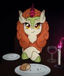 alcohol beverage bread brown_mane candle chair cloven_hooves container cup dinner dipstick_ears drinking_glass ear_markings eyebrows eyelashes facial_scales female feral food fur furniture glass glass_container glass_cup green_body green_scales holidays hooves horn looking_at_viewer mane multicolored_ears plate romantic scales smile smiling_at_viewer solo table tan_body tan_fur wine wine_glass yellow_eyes ravenirik asian_mythology chinese_mythology east_asian_mythology friendship_is_magic hasbro my_little_pony mythology valentine's_day autumn_blaze_(mlp) dragon kirin mammal mythological_creature mythological_scalie scalie 2022 hi_res