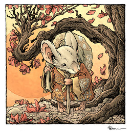 ambiguous_gender anthro barefoot biped brown_body brown_fur feet flower fur holding_bag holding_object holding_staff leaf looking_down outside plant rock solo staff standing sun tree david_petersen mouse_guard mammal mouse murid murine rodent