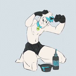 anthro athletic athletic_anthro athletic_male biped black_boxer_briefs black_clothing black_eyes black_gloves black_handwear black_underwear blue_body blue_fur boxer_briefs bulge clothing collar_tag fur gloves green_body green_fur hair_dye handwear human_to_anthro kneeling kneeling_on_ground male nude_anthro nude_male solo species_transformation transformation underwear white_body white_skin potvoheu2 xayo canid canine fox human mammal 2025 animated hi_res