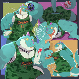 all_fours anthro barazoku basketball_uniform blush blush_lines bodily_fluids bottomwear clothed clothing collar dialogue faberge_egg facial_piercing footwear green_body green_bottomwear green_clothing green_scales green_shirt green_shorts green_topwear head_spikes holding_object holding_towel male mouth_piercing multicolored_claws multiple_poses muscular muscular_anthro muscular_male neck_piercing nose_piercing piercing pose purple_spikes saliva scales shirt shoes shorts smile solo spikes spikes_(anatomy) sportswear studded_collar studs tail text tongue tongue_out tongue_piercing topwear towel uniform uno_card yellow_sclera toastysharky goat_(movie) sony_corporation sony_pictures uno modo_olachenko komodo_dragon lizard monitor_lizard reptile scalie 1:1 2026 absurd_res digital_media_(artwork) english_text hi_res