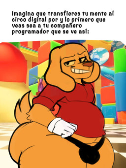 anthro belly big_butt black_clothing black_thong black_underwear bulge butt clothing detailed_bulge floppy_ears fur genital_outline gloves handwear looking_at_viewer male narrowed_eyes pecs penis_outline red_clothing red_shirt red_topwear shirt smile solo t-shirt tail text thick_thighs thong topwear underwear white_clothing white_gloves white_handwear yellow_body yellow_fur yellow_sclera cr4zydonuts1 glitch_productions the_amazing_digital_circus scratch_(tadc) bird_dog canid canine canis domestic_dog hunting_dog labrador mammal retriever 3:4 hi_res meme spanish_text translated