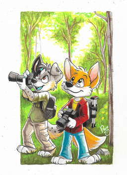 anthro barefoot black_nose blue_bottomwear blue_clothing blue_pants bottomwear brown_bottomwear brown_clothing brown_eyes brown_pants camera cheek_tuft closed_smile clothed clothing duo facial_tuft fangs feet fur glistening glistening_eyes grass green_clothing green_topwear grey_body grey_fur happy head_tuft holding_camera holding_object jacket logo looking_up male mouth_closed open_mouth open_smile outside pants plant red_clothing red_jacket red_topwear smile standing teeth topwear tree tuft white_body white_fur yellow_body yellow_fur young young_anthro young_male pandapaco canid canine mammal artist_logo signature