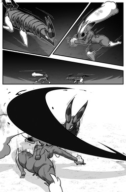 ambiguous_feral ambiguous_gender antennae_(anatomy) anthro attack biped bunny_costume butt clothing costume dodging duo female female_anthro feral fight mouthless quadruped vein wounded cuchuflin nintendo pokemon generation_4_pokemon generation_5_pokemon lagomorph lopunny mammal pokemon_(species) scolipede 2026 absurd_res comic digital_drawing_(artwork) digital_media_(artwork) greyscale hi_res monochrome male_(lore)