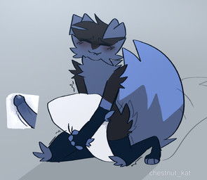 anthro bite biting_lip blue_body blue_fur blush caun_dawg clothing dark_body dark_fur fluffy fur grinding legwear looking_pleasured male masturbation pillow pillow_humping shaking solo submissive submissive_male tail tail_motion tailwag thigh_highs trembling chestnut_kat_(artist) canid canine mammal hi_res