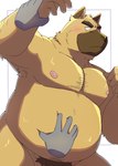 anthro armpit_hair belly blush bodily_fluids body_hair brown_body humanoid_hands kemono male moobs nipples overweight overweight_male pubes simple_background sweat emufu canid canine canis domestic_dog mammal 2024 hi_res