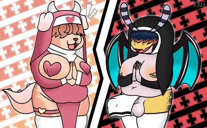 anthro aroused balls belly big_breasts breasts bulge duo erection female genitals gynomorph happy heart_symbol horn huge_breasts intersex intersex/female nipple_piercing nipples nun nun_outfit overweight overweight_anthro overweight_female overweight_gynomorph overweight_intersex penis_under_skirt piercing praying praying_hands slightly_chubby surprised tail thick_thighs wings tunrix_canrio zenya_(sualfang) canid canine gastropod mammal mollusk slug hi_res