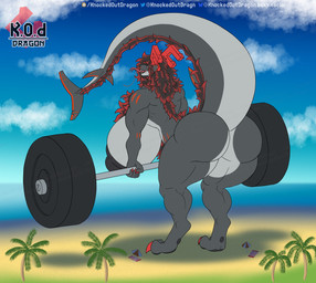 anthro back_muscles barbell beach_towel beach_umbrella big_breasts big_butt big_muscles big_tail black_hair black_nipples blue_sky breasts butt claws cloud cloudy_sky colored_nails digitigrade dorsal_fluff ear_fins fangs female fin fluffy fluffy_chest fluffy_hair forked_tongue grey_body hair highlights_(coloring) horn huge_breasts huge_butt huge_muscles huge_tail huge_thighs hyper hyper_breasts lifting logo long_hair long_tail long_tongue macro macro_female markings multicolored_hair muscular muscular_arms muscular_female muscular_thighs nails nipples palm_tree parasol pawpads pink_tongue plant raised_tail rear_view red_claws red_eyes red_highlights red_horn red_markings red_nails sea shark_fin shark_tail sharp_teeth sky solo standing tail teeth thick_tail thick_thighs tongue towel tree water wide_hips knockedoutdragon mythology karina_(knockedoutdragon) aquatic dragon eastern_dragon fish hybrid mythological_creature mythological_scalie scalie shark artist_logo hi_res watermark