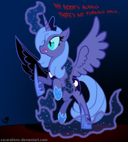 angry black_body black_feathers blue_body blue_feathers blue_hair corruption crown cutie_mark feathered_wings feathers female feral hair headgear horn long_hair possession quadruped solo tail text tiara transformation wings xscaralienx friendship_is_magic hasbro my_little_pony mythology nightmare_moon_(mlp) princess_luna_(mlp) equid equine mammal mythological_creature mythological_equine winged_unicorn english_text url