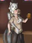 alcohol anthro bar bedroom_eyes beverage blush clothed clothing duo female fur furniture hair half-closed_eyes holding_object human_on_anthro inside interspecies larger_female male male/female narrowed_eyes reach_around seductive size_difference smaller_male smile standing table ziggie13 jane_(wolfpack67) rabbit_(wolfpack67) felid human leopard mammal pantherine snow_leopard comic digital_media_(artwork) hi_res