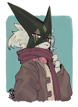 ambiguous_gender anthro claws clothed clothed_anthro clothing eyewear finger_claws fur glasses green_body green_fur jacket jagged_mouth looking_at_viewer mask pawpads paws pink_eyes pink_nose red_scarf scarf solo sweater topwear wearing_glasses yuureii nintendo pokemon generation_9_pokemon meowscarada pokemon_(species) hi_res