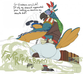 ankle_band anthro apology avian_feet bandoneon beak bench black_beak black_feet blue_body blue_feathers bottomwear brown_clothing brown_topwear butt clothed clothed_anthro clothed_male clothing dialogue exposed_belly eyes_closed facial_markings fanning fanning_nose fanning_self fart fart_cloud fart_fetish feather_tuft feathers feet fully_clothed fully_clothed_anthro fully_clothed_male furgonomic_pants furniture green_fart_cloud green_kerchief green_neckerchief head_markings indigestion kerchief male markings motion_outline motion_trail multicolored_body multicolored_feathers musical_instrument neckerchief neckwear on_bench onomatopoeia open_beak open_mouth pants raised_leg rear_view rumbling_stomach scroll scuted_feet scutes side_view simple_background sitting sitting_on_bench smelly solo sound_effects table tail tail_feathers tail_feathers_tuft talons text three-quarter_view toes topwear tuft white_bottomwear white_clothing white_pants winged_arms wings yellow_body yellow_feathers aetherxov breath_of_the_wild nintendo the_legend_of_zelda kass_(tloz) avian bird rito digital_drawing_(artwork) digital_media_(artwork) english_text hi_res