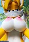 anthro blue_eyes breasts crossgender eyelashes female fur hair looking_at_viewer mtf_crossgender multi_tail navel nipples nude smile solo tail text white_body white_fur pixel-perry sega sonic_the_hedgehog_(series) miles_prower canid canine fox mammal 2017 3d_(artwork) digital_media_(artwork) hi_res