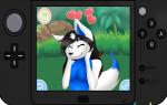 anthro black_hair blue_body blue_fur breasts disembodied_hand duo electronics female fur game_console grass hair heart_symbol plant smile solo_focus tree white_body white_fur medicatedcannibal nintendo nintendo_3ds nintendo_ds_family pokemon cynder_dreamcast canid canine fox mammal digital_media_(artwork)