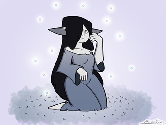 black_hair clothed clothing dialogue dress exposed_shoulder female goblinization hair long_dress long_ears long_hair sad solo tired white_body white_eyes white_skin elmistorr sadako_goblin sadako_yamamura ghost goblin humanoid mammal spirit undead hi_res
