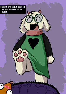 ambiguous_gender angry anthro blush cloak clothed clothing dialogue_box eyewear feet fluffy_ears foot_fetish fur furniture glasses green_clothing horn male male/ambiguous pawpads paws scarf solo standing surprised table white_body white_fur naides_(artist) deltarune undertale_(series) orange_(deltarune) ralsei bovid caprine darkner goat humanoid mammal murid murine rat rodent absurd_res hi_res