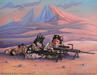 anthro cloud desert duo eye_contact german_flag gun landscape looking_at_another lying male outside ranged_weapon romantic romantic_couple sky smile sniper sunset weapon moonsongwolf simul canid canine canis domestic_dog felid mammal pantherine tiger 2010