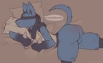 anthro backsack balls bed bed_sheet bedding blush butt furniture genitals lips looking_back male pillow solo speech_bubble spikes text clingyhyena nintendo pokemon canid canine generation_4_pokemon lucario mammal pokemon_(species) hi_res