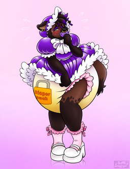 anthro big_diaper bodily_fluids bonnet clothing cuckold diaper diaper_fetish dress ear_piercing ear_tag eyeshadow facial_piercing frilly frilly_clothing frilly_dress genital_fluids green_eyes hair headgear headwear makeup male nose_piercing pacifier piercing purple_eyeshadow purple_hair solo unclean_diaper urine used_diaper wet_diaper mapimoo_(artist) necrun hyena mammal spotted_hyena absurd_res hi_res