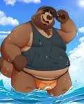 anthro belly big_belly brown_body bulge clothing cloud hat headgear headwear kemono male outside overweight overweight_male shirt solo swimwear topwear water raipon vtuber canid canine mammal raccoon_dog tanuki 2024 absurd_res hi_res