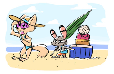 anthro ball beach bikini bodily_fluids clothed clothing cloud cooler dessert detailed_background duo ear_markings eyewear facial_markings female food head_markings holding_food holding_object ice_cream ice_cream_cone male markings outside sand sea seaside sky smile standing sun sunglasses sweat sweatdrop swimwear topless two-piece_swimsuit umbrella water fuel_(artist) disney zootopia jack_savage skye_(zootopia) arctic_fox canid canine fox lagomorph leporid mammal rabbit true_fox 2017