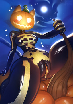 action_pose anthro arm_support blurred_background blush blush_lines bodily_fluids breasts clitoris clothing cloud costume dynamic female food for_a_head fruit genital_fluids genitals glistening glowing heart_symbol hearts_around_head holidays jack-o'-lantern latex light looking_at_viewer moon moonlight night no_pupils outside plant pose pumpkin sitting skinsuit sky skyscape smile solo spread_legs spreading star tail tight_clothing vaginal_fluids vulva conditional_dnp mrsklll epic_games fortnite halloween spice_(fortnite) domestic_cat felid feline felis humanoid mammal object_head hi_res lineless pinup shaded