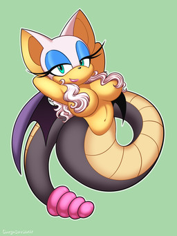 alternate_species anthro apode big_breasts breasts convenient_censorship female green_background hair legless long_hair looking_at_viewer navel nude rattle_(anatomy) serpentine simple_background solo split_form teal_eyes wings omegasunburst sega sonic_the_hedgehog_(series) rouge_the_bat bat draconcopode lamia mammal reptile scalie snake hi_res