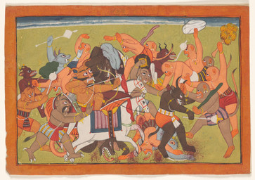2_horns 5_fingers ambiguous_feral ambiguous_gender anthro armlet arrow_(weapon) balls battle biped blood blood_from_head bodily_fluids bottomwear bow_(weapon) bracelet carriage clothed clothed_anthro clothed_humanoid clothed_male clothing club_(weapon) crush detailed_background dipstick_tail ear_piercing ear_ring facial_hair fangs feet feral fingers genitals group halter hitting holding_bow_(weapon) holding_club holding_mace holding_melee_weapon holding_object holding_ranged_weapon holding_shield holding_sword holding_weapon hooves horn horn_grab humanoid_hands indian_clothing jewelry large_group leash loincloth loincloth_only mace male male_anthro male_feral male_humanoid mane markings melee_weapon mustache nosebleed open_mouth outside pattern_bottomwear pattern_clothing pelvic_curtain piercing plantigrade quadruped quiver_(object) ranged_weapon religion ring_piercing rock sabre_(weapon) saddle shield side_view standing striped_bottomwear striped_clothing stripes sword tail tail_markings talons teeth toes tongue tongue_out topless topless_anthro topless_humanoid topless_male unguligrade walking weapon unknown_artist asian_mythology hindu_mythology hinduism mythology public_domain bovid demon equid equine haplorhine horse humanoid mammal monkey primate 18th_century absurd_res ancient_art hi_res huge_filesize painting_(artwork) traditional_media_(artwork) traditional_painting_(artwork)