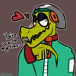 blush clothed clothing electronics half-closed_eyes hat headgear headphones headwear heart_symbol male narrowed_eyes smile solo text clock-work lethal_league latch crocodile crocodilian reptile scalie 1:1 english_text