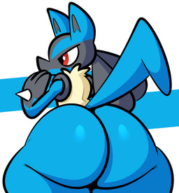 ambiguous_gender anthro big_butt black_outline blue_body blue_butt blue_fur butt clothed clothing fur outline rear_view simple_background solo tail thick_thighs topwear white_background ekkokenight nintendo pokemon canid canine generation_4_pokemon lucario mammal pokemon_(species) 2022 digital_media_(artwork) hi_res shaded