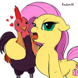 avian_caruncle beak black_body black_feathers comb_(anatomy) cutie_mark dewlap_(anatomy) duo feathers female feral fur green_eyes hair half-closed_eyes head_crest heart_symbol humor licking male narrowed_eyes open_mouth orange_body orange_feathers pink_hair pun simple_background suggestive tongue tongue_out visual_pun wattle white_background yellow_body yellow_fur caboni32 friendship_is_magic hasbro my_little_pony fluttershy_(mlp) avian bird chicken equid equine galliform horse mammal phasianid pony 2014