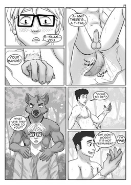 anthro armpit_tuft balls blush blush_lines bodily_fluids chest_tuft claws clothed clothed_male clothing comic_panel dialogue eye_scar eyewear facial_piercing facial_scar genitals glasses group human_on_anthro interspecies jewelry male mid_transformation muscular muscular_anthro muscular_male necklace nipples nose_piercing nose_ring partial_transformation pawpads paws penis piercing ring_piercing scar sharp_teeth speech_bubble surprised sweat sweatdrop tail tattoo teeth text transformation transformation_through_sex tribal tribal_jewelry tribal_tattoo tuft verbal_reaction_to_tf alphasabre canid canine canis human mammal wolf comic english_text greyscale hi_res monochrome