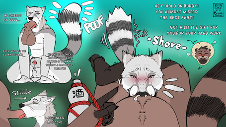 alcohol animal_genitalia anthro balls belly beverage big_balls blush bodily_fluids cheek_bulge chokehold container cum cum_inside drunk duo ejaculation erection eyes_closed fellatio forced fur genital_fluids genitals gesture gourd_bottle hand_gesture headgear headlock huge_balls humanoid_genitalia humanoid_penis hyper hyper_balls hyper_genitalia kneeling kneeling_oral_position male male/male male_penetrated male_penetrating male_penetrating_male nude oral oral_penetration overweight partial_transformation penetration penile penis pointing precum pubes puffed_cheeks sake sake_bottle sex sheath substance_intoxication tail text tongue transformation transformation_sequence transformation_through_sex white_body white_fur picantetortuga arctic_fox canid canine fox mammal raccoon_dog true_fox absurd_res digital_media_(artwork) english_text hi_res