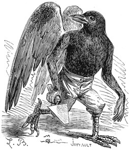 anthro bottomwear claws clothed clothing feathered_wings feathers looking_at_viewer male open_mouth pants rictal_bristles solo topless trowel wings louis_le_breton dictionnaire_infernal mythology the_lesser_key_of_solomon malphas avian bird corvid corvus_(genus) demon oscine passerine raven 1863 19th_century ancient_art black_and_white hi_res monochrome signature