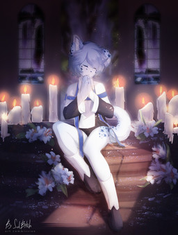 anthro blue_body blue_hair church femboy hair male slim solo star white_body conditional_dnp sadbitch canid canine canis domestic_dog fox mammal hi_res