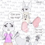 anthro bottomwear clothing female group male male/female map shorts trio zootopia_shorts hatakeclarissarts disney inktober zootopia finnick_(zootopia) judy_hopps nick_wilde canid canine fennec_fox fox lagomorph leporid mammal rabbit red_fox true_fox 1:1 2023 crossover