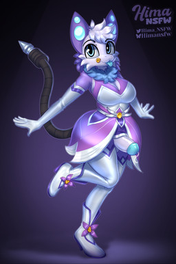 anthro big_penis blue_tongue boots clothing dress floral_markings footwear fur genitals glistening glistening_clothing gynomorph hair happy intersex legwear looking_at_viewer markings penis pose purple_body purple_clothing purple_dress purple_fur purple_hair reflective_clothing shoes simple_background solo thigh_highs tongue tongue_out white_clothing hima_nsfw ampwave absurd_res hi_res