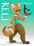 alcohol anthro beverage big_tail bow_tie bunny_costume clothing costume ear_piercing female fishnet_clothing fishnet_legwear inner_ear_fluff keli_(character) legwear looking_at_viewer piercing solo tail topwear tuft wine wine_bottle yellow_eyes tass_the_bovine kangaroo macropod mammal marsupial absurd_res hi_res male_(lore)