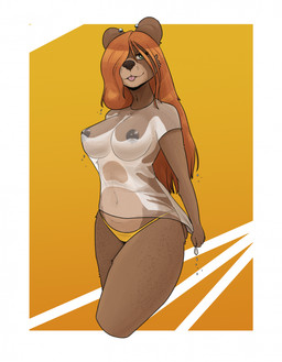5_fingers anthro areola bedroom_eyes belly big_areola big_breasts biped blep border bottomwear breasts brown_body brown_claws brown_fur brown_nose brown_tail claws closed_smile clothed clothed_anthro clothed_female clothing clothing_pull countershade_face countershading coy daisy_dukes dark_areola dark_nipples dark_nose denim denim_bottomwear denim_clothing denim_shorts ear_piercing ear_stud eyebrow_through_hair eyebrows eyelashes female female_anthro finger_claws fingers freckled_arms freckled_belly freckled_face freckled_hips freckled_legs freckled_shoulders freckled_thighs freckles front_view fur green_eyes grey_clothing grey_shirt grey_t-shirt grey_topwear hair hair_over_eye half-closed_eyes hotpants humanoid_hands ineffective_clothing iris legs_together long_eyelashes long_hair long_ponytail mouth_closed narrowed_eyes navel nipple_dip nipples no_bra nub_tail one_eye_obstructed orange_eyebrows orange_hair outside_border piercing pink_tongue ponytail pose pupils seductive shirt shirt_pull short_tail shorts simple_background smile smiling_at_viewer solo swimwear t-shirt t-shirt_pull tail tan_body tan_countershading tan_fur tongue tongue_out topwear topwear_pull translucent translucent_clothing translucent_hair translucent_shirt translucent_t-shirt translucent_topwear wet wet_clothing wet_shirt wet_t-shirt wet_topwear whisker_spots white_border white_sclera yellow_background yellow_bottomwear yellow_clothing yellow_swimwear katahdin kat_(katahdin) bear mammal hi_res