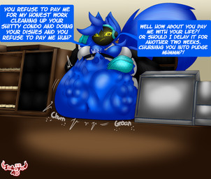 4_fingers abdominal_bulge angry annoyed anthro anthro_pred belly belly_on_table big_belly big_breasts blue_body blue_fur blue_hair breasts cash_register claws clothed clothing cybernetics digestion digestion_noises fatal_vore female female_pred fingers fully_inside fur hair hand_on_belly huge_belly long_tail machine maid_uniform male male_prey onomatopoeia protogen_visor same_size_vore sound_effects speech_bubble struggling struggling_prey tail text uniform vore yellow_eyes sokoyo_owo starry_(sokoyo_owo) animal_humanoid canid canine cyborg humanoid mammal mammal_humanoid protogen english_text hi_res